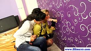 Feeling excited, sexy lesbians enjoy bukkake at gloryhole in HD