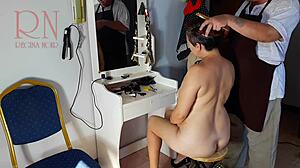 Nude Barbershop Lady Undresses for Haircut in Nudist Cam