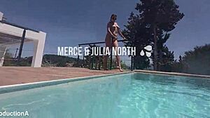 Underwater lesbian strap on sex