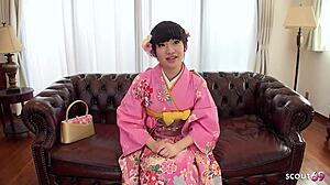 japanese traditional geisha teen 18+ seduce to first time play her hairy pussy at uncensored casting.