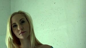 Busty blonde flashes in public stairwell pov