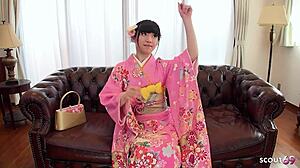 japanese traditional geisha teen 18+ seduce to first time play her hairy pussy at uncensored casting.