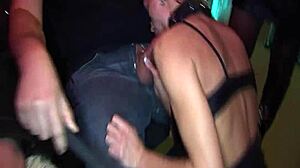 A skinny milf joins a real gangbang orgy with multiple partners in a European party