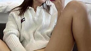 Ellie Leen Fingering Her Wet Shaved Pussy in Front of Mirror