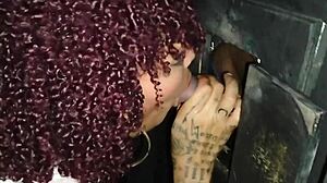 Cuckold watches slut in gloryhole booth action