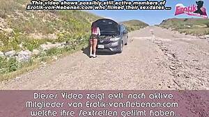 German slut gives roadside car blowjob