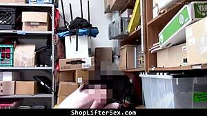 Stripped and humiliated teen shoplifter fucks the lp officer to regain freedom in office