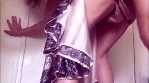 Solo woman in satin lingerie gets fucked from behind in heels