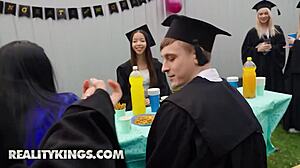 Naughty Little Angel Sneakily Sucks Her Boyfriend's Cock At Graduation Party