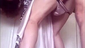 Solo woman in satin lingerie gets fucked from behind in heels