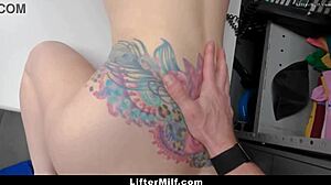 milf shoplifts, gets caught, feels humiliated obeying guard's domination on camera