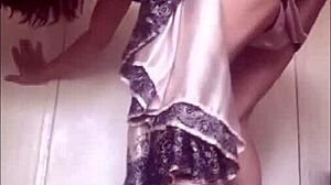 Solo woman in satin lingerie gets fucked from behind in heels