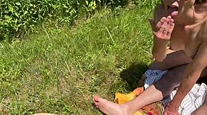 wife in dress fucks husbands friend gets public creampie in field 😏