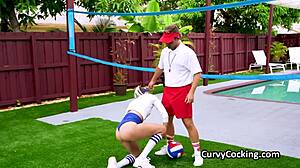 Fit Blonde Stretches Before Sucking Dick