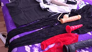 Lesbians gaping with huge dildo after fucking