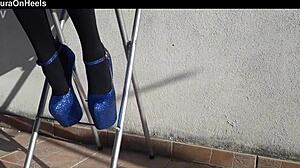 denim shorts black tights and gorgeous 8 inch heels on her