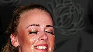 Flirty bombshell swallows cum load after facial bukkake