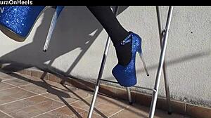 denim shorts black tights and gorgeous 8 inch heels on her