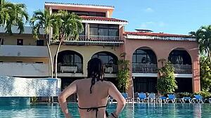 Swimming pool pleasure with real couples in hotel room, featuring doggystyle, deepthroat, and orgasm