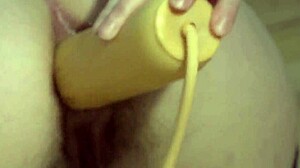 milf stretches her hairy asshole with huge dildo for gaping orgasm