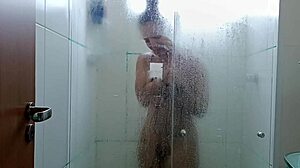 Man fucks and cums inside brunette in shower