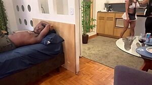 wife catches husband fucking maid's ass and demands cock too