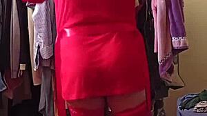 Boldly modeling red lingerie.