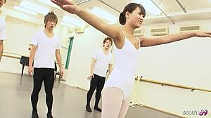 Petite Japanese ballerina seduces three old guys for creampie group sex