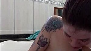 Blonde and brunette pornstars tease with blowjobs in bathtub, cum in mouth