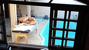 She sought a poolside massage but received a teasing handjob and blowjob instead.