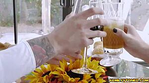 girls kneel for oral service in group fun