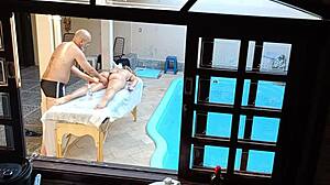 She sought a poolside massage but received a teasing handjob and blowjob instead.