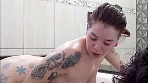 Blonde and brunette pornstars tease with blowjobs in bathtub, cum in mouth