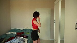 trying on new clothes like skirts, pants, tops, and blouses for a fresh look