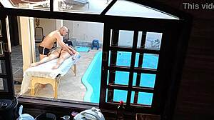 She sought a poolside massage but received a teasing handjob and blowjob instead.