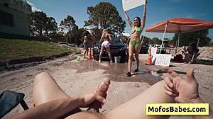 Busty Blonde Naughty Teen Sucks Huge Cock At Car Wash Fundraiser!