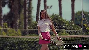 Kate Chromia feels excited stripping outdoors on the tennis court