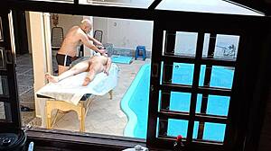 She sought a poolside massage but received a teasing handjob and blowjob instead.