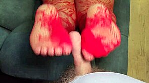 BBW MILF Footjob in Red Stockings?