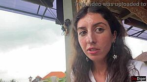 Girl with cum on face eats pizza in cafe