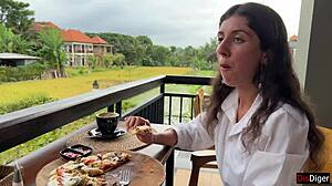 Girl with cum on face eats pizza in cafe