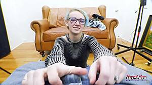 petite blue haired raven fingers her twat and sucks juicy big cock