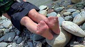 Goddess Teases Tan Nylons Revealing Cute Soles Toes Riverside