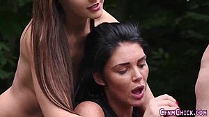 British babes performing oral acts outdoors