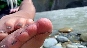 Goddess Teases Tan Nylons Revealing Cute Soles Toes Riverside