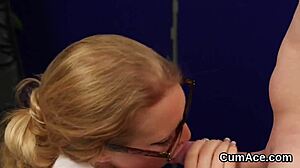 hot looker feels intense pleasure from cumshot on face while sucking all the jism in bizarre blowbang