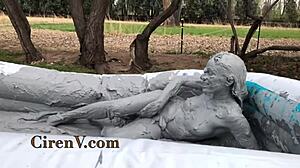 ciren v sploshes clay messily in the pool