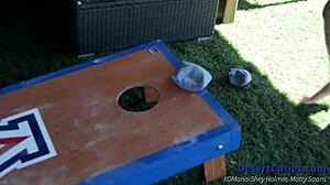 shey holmes and two other college girls naked cornhole, lesbian group fun