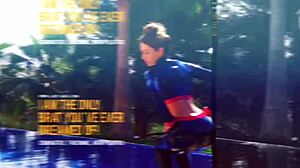 Teasing Mistress Intensely in Latex Shower with Nylon