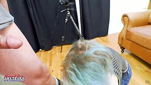 petite blue haired raven fingers her twat and sucks juicy big cock